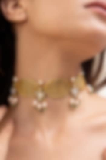 Antique Gold Finish Kundan Polki & Pearl Choker Necklace by Joules By Radhika at Pernia's Pop Up Shop