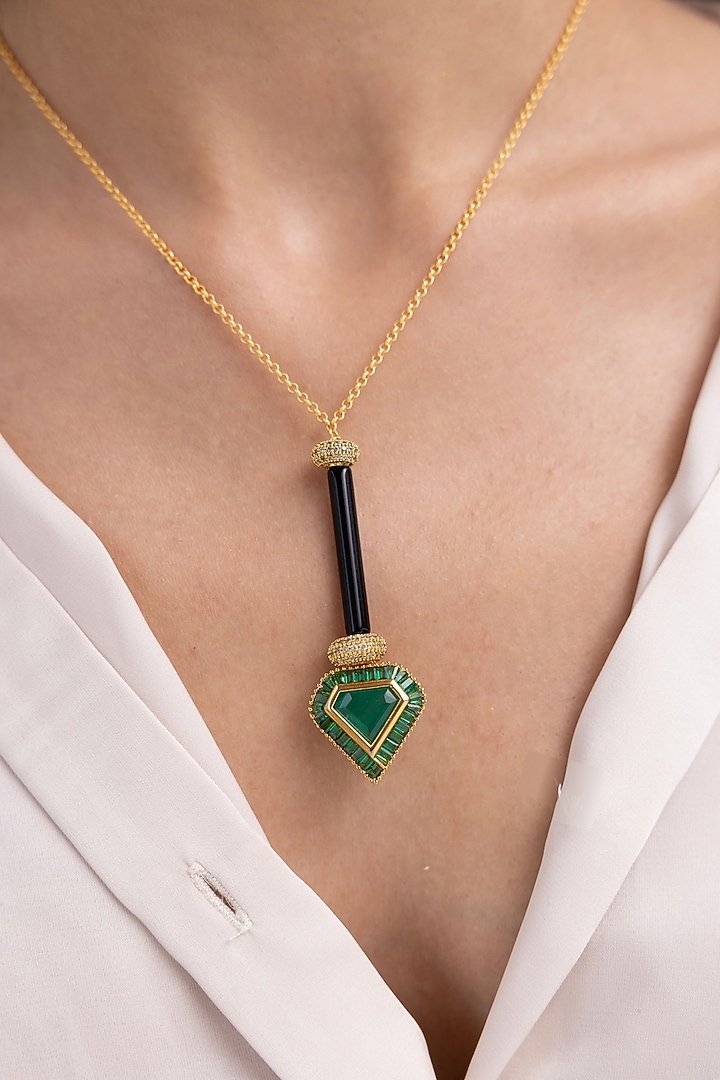 Gold Finish Black Onyx & Emerald Green Stone Pendant Necklace by Joules By Radhika at Pernia's Pop Up Shop