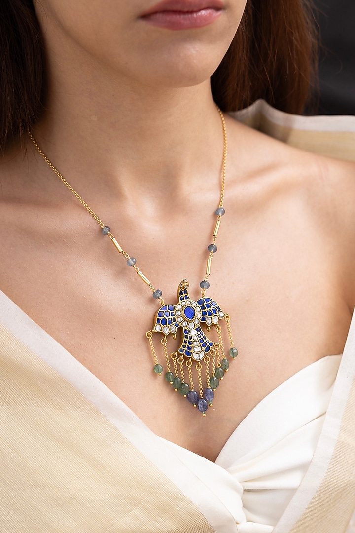 Gold Finish Blue Sapphire Stone Bird Pendant Necklace by Joules By Radhika at Pernia's Pop Up Shop