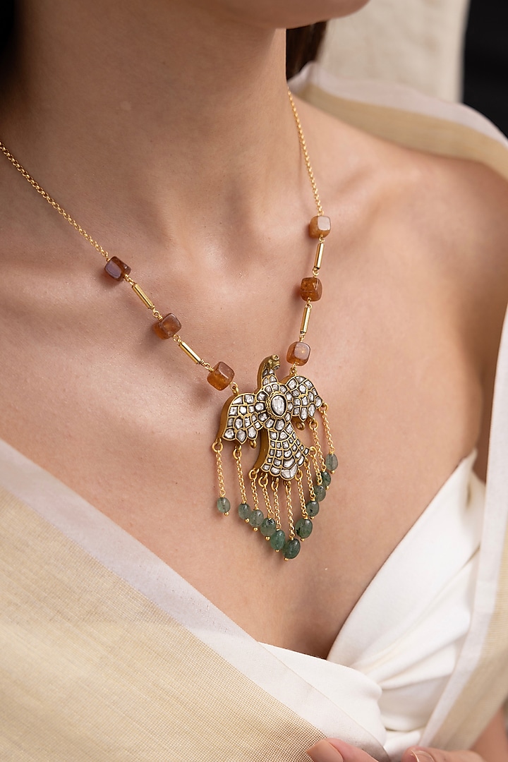 Gold Finish Beaded & Fringe Layered Bird Pendant Necklace by Joules By Radhika at Pernia's Pop Up Shop
