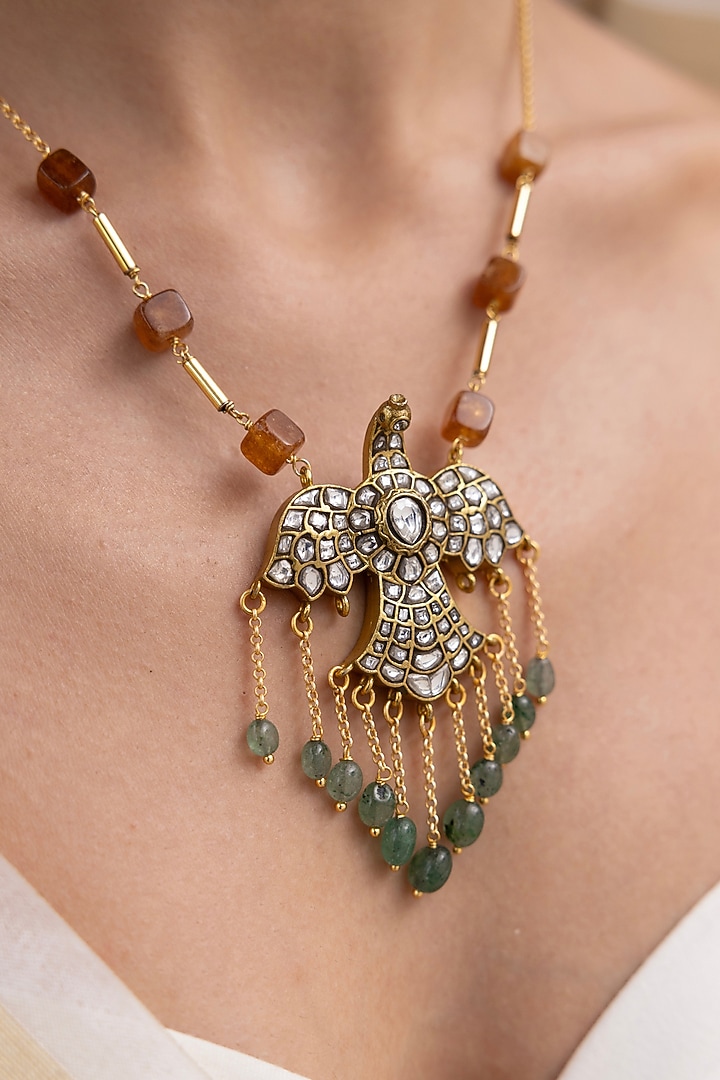 Gold Finish Beaded & Fringe Layered Bird Pendant Necklace by Joules By Radhika at Pernia's Pop Up Shop