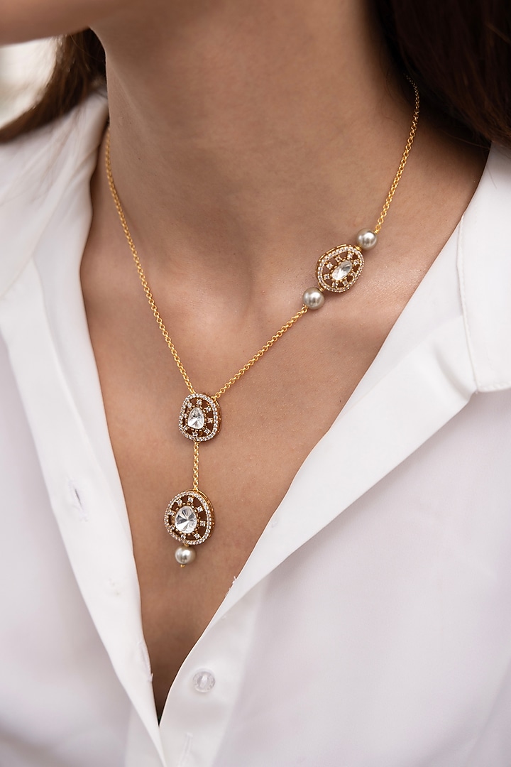 Gold Finish Kundan Polki & Pearl Pendant Necklace by Joules By Radhika at Pernia's Pop Up Shop