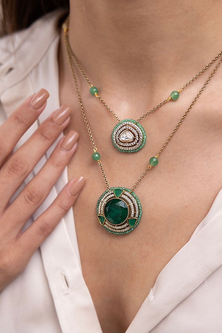 Gold Finish Emerald Green Stone & Mirror Pendant Necklace by Joules By Radhika at Pernia's Pop Up Shop