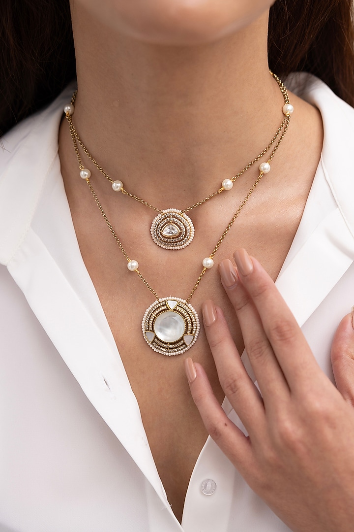 Gold Finish Kundan Polki & Crystal Layered Necklace by Joules By Radhika at Pernia's Pop Up Shop