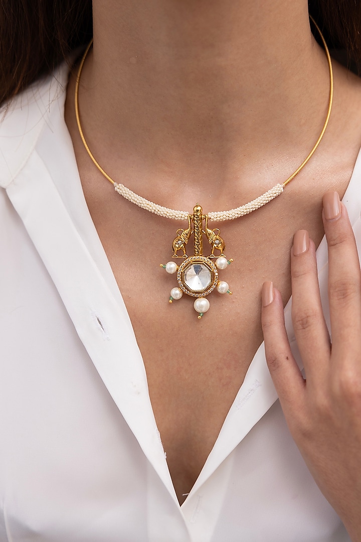 Gold Finish Kundan Polki & Pearl Necklace by Joules By Radhika at Pernia's Pop Up Shop