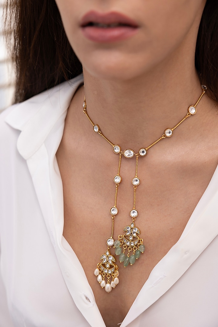 Gold Finish Mirror & Pearl Layered Necklace by Joules By Radhika at Pernia's Pop Up Shop
