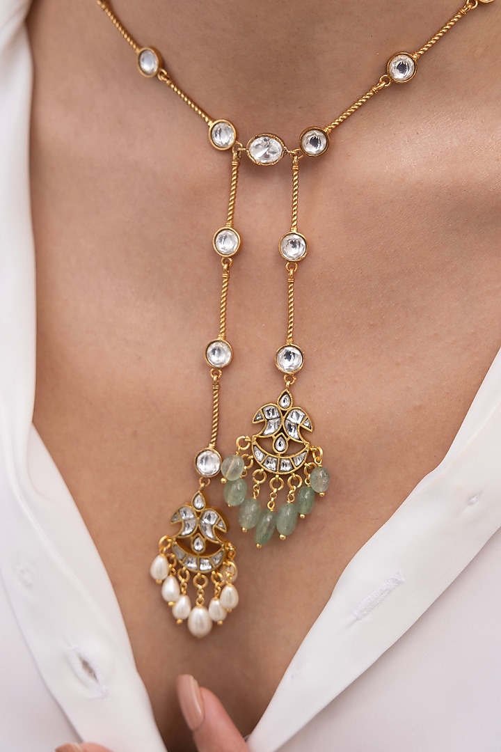 Gold Finish Mirror & Pearl Layered Necklace by Joules By Radhika at Pernia's Pop Up Shop