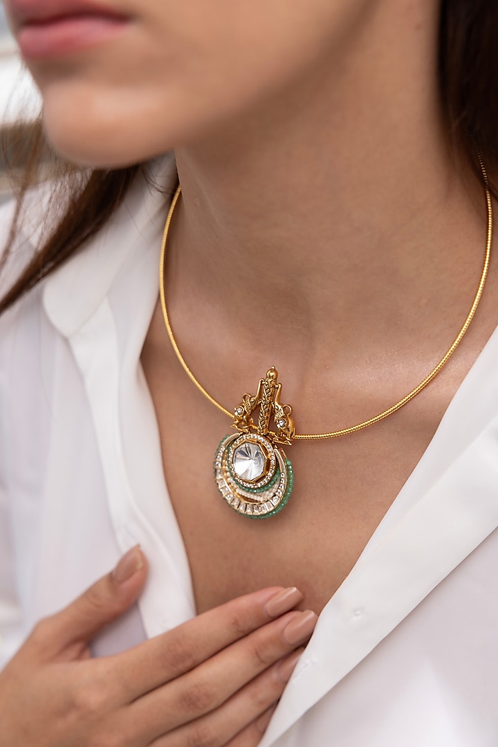 Gold Finish Elephant Motif & Beaded Pendant Necklace by Joules By Radhika at Pernia's Pop Up Shop