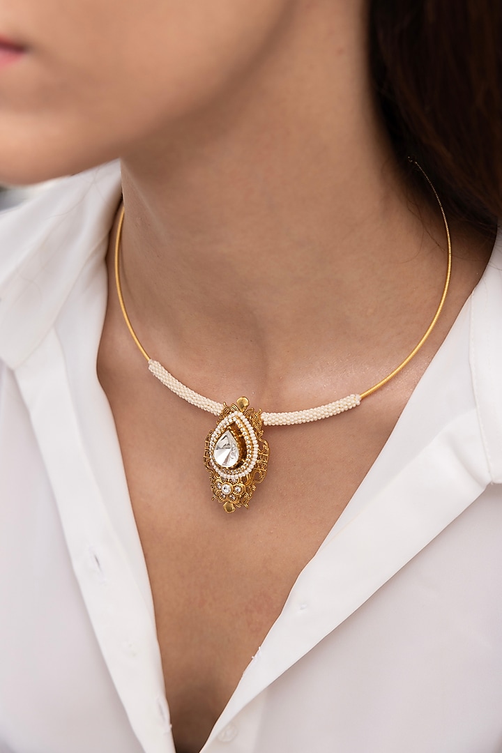 Gold Finish Pearl Pendant Necklace by Joules By Radhika at Pernia's Pop Up Shop