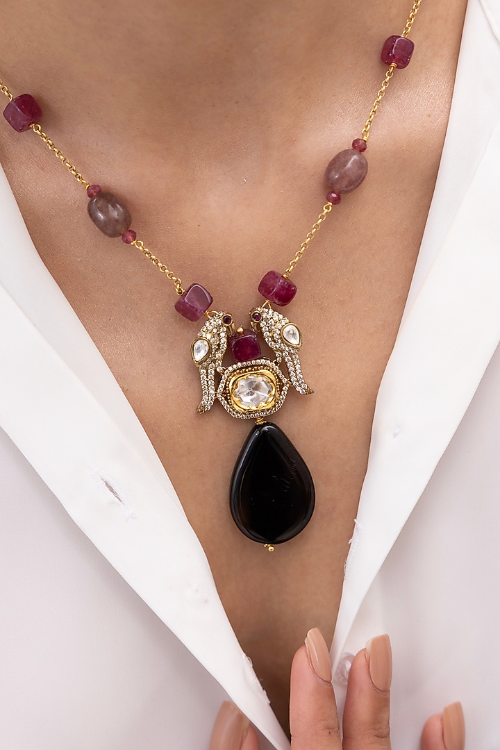 Gold Finish Plum Beaded & Tasseled Necklace by Joules By Radhika at Pernia's Pop Up Shop