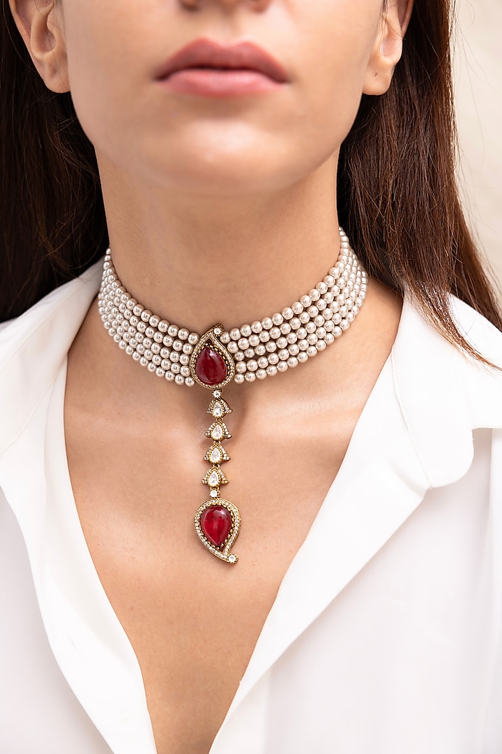 Gold Finish Ruby Drop & Beaded Choker Necklace by Joules By Radhika at Pernia's Pop Up Shop