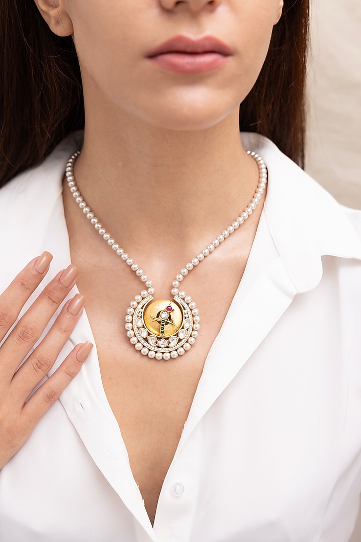 Gold Finish Kundan Polki & Crystal Necklace by Joules By Radhika at Pernia's Pop Up Shop