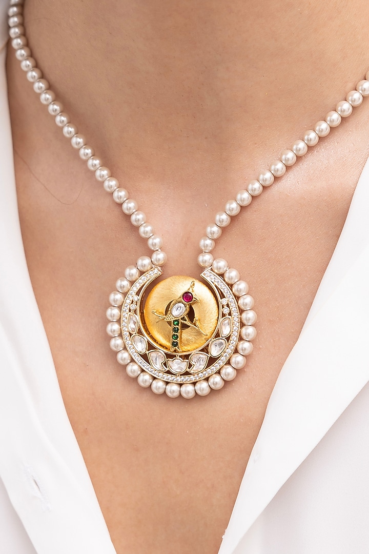 Gold Finish Kundan Polki & Crystal Necklace by Joules By Radhika at Pernia's Pop Up Shop