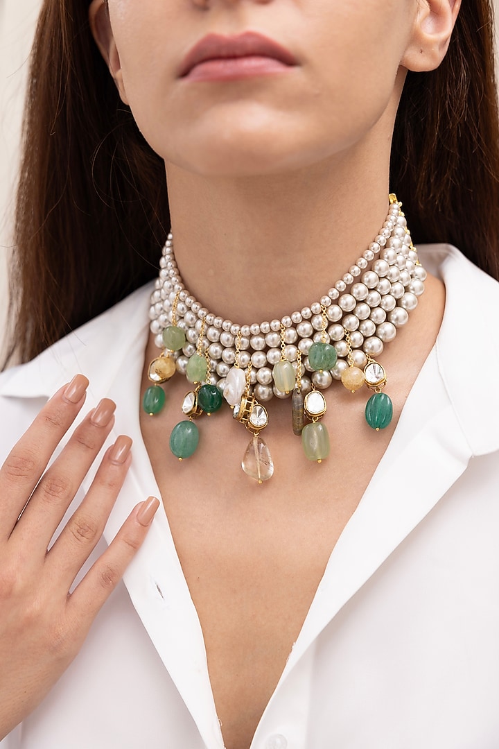 Gold Finish Emerald Beaded & Mirror Choker Necklace by Joules By Radhika at Pernia's Pop Up Shop