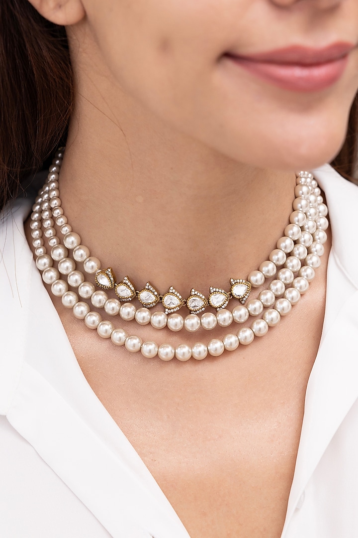 Gold Finish Pearl Layered Choker Necklace by Joules By Radhika at Pernia's Pop Up Shop