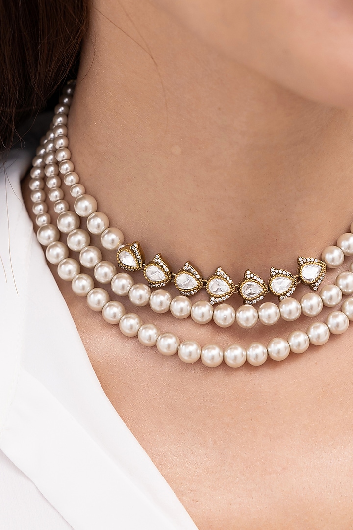 Gold Finish Pearl Layered Choker Necklace by Joules By Radhika at Pernia's Pop Up Shop