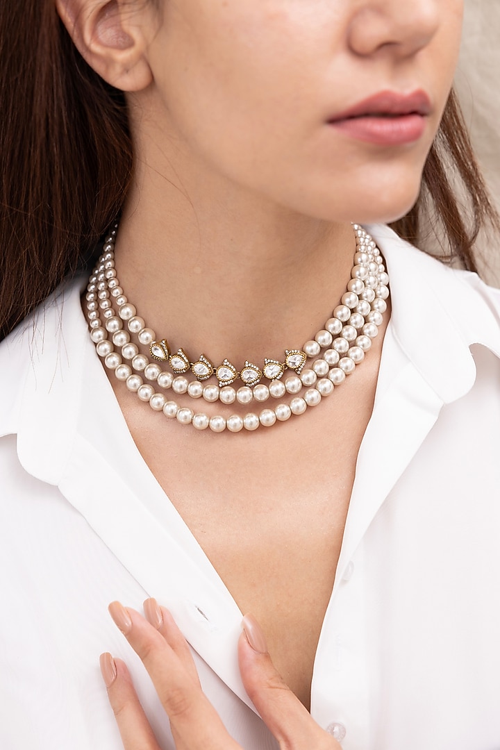 Gold Finish Pearl Layered Choker Necklace by Joules By Radhika at Pernia's Pop Up Shop