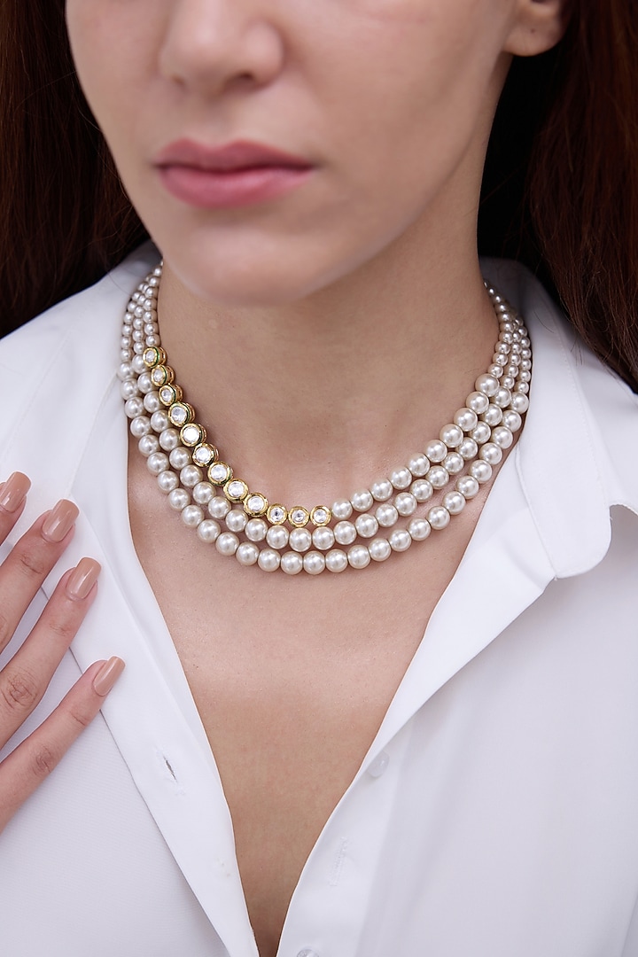 Gold Finish Pearl Layered Choker Necklace by Joules By Radhika at Pernia's Pop Up Shop