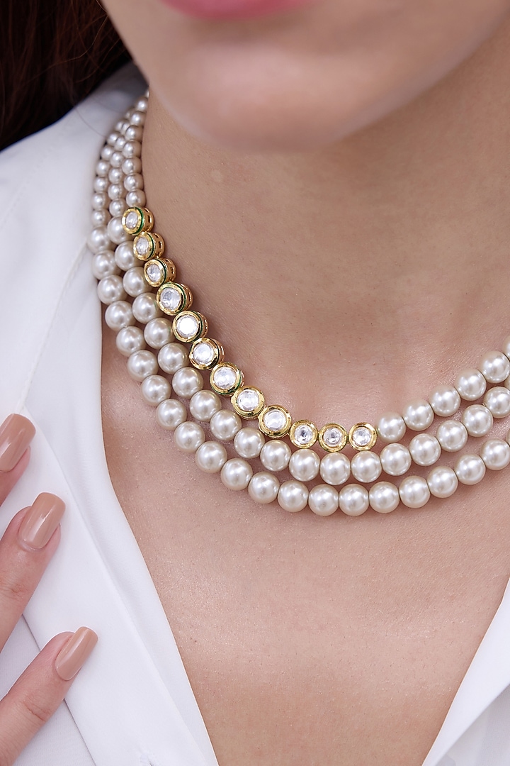 Gold Finish Pearl Layered Choker Necklace by Joules By Radhika at Pernia's Pop Up Shop