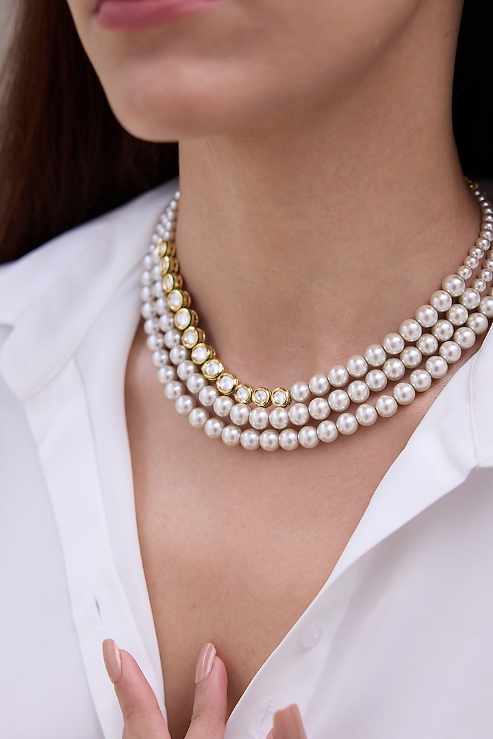 Gold Finish Pearl Layered Choker Necklace by Joules By Radhika at Pernia's Pop Up Shop