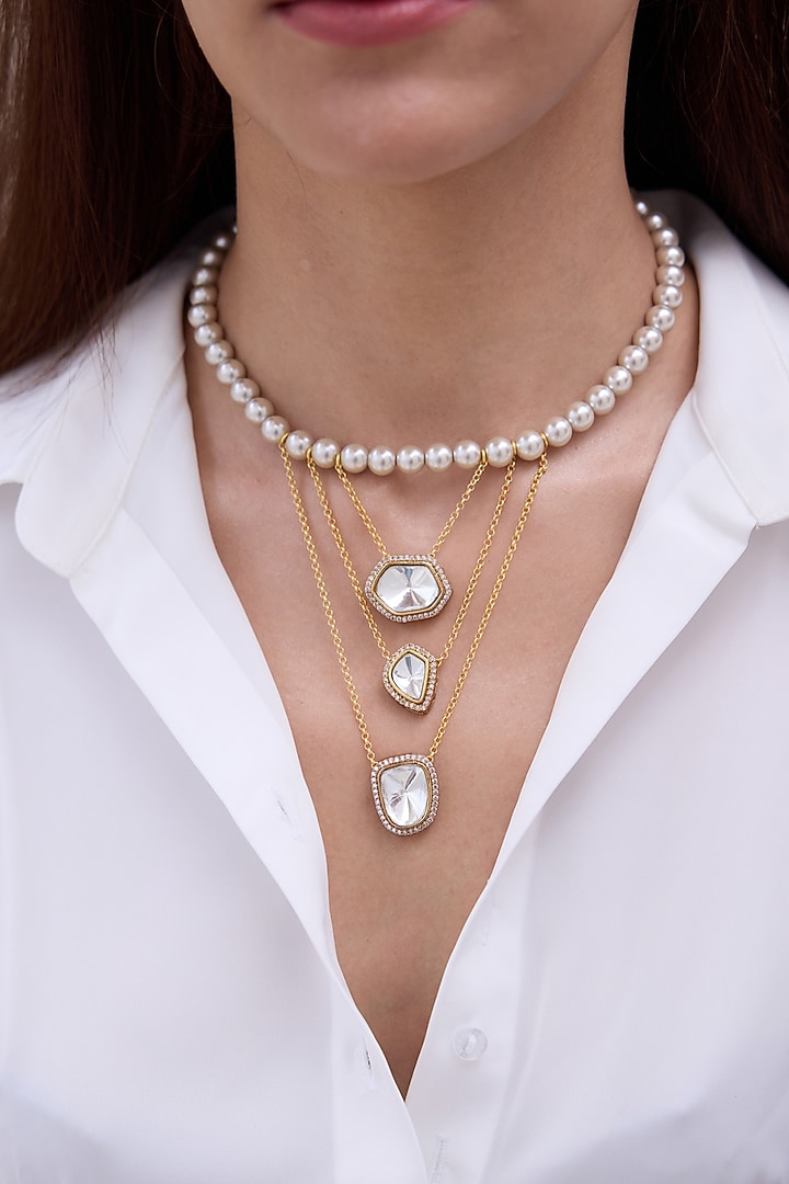 Gold Finish Pearl & Mirror Necklace by Joules By Radhika at Pernia's Pop Up Shop