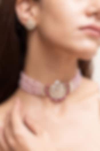 Gold Finish Kundan Polki & Pink Beaded Choker Necklace Set by Joules By Radhika at Pernia's Pop Up Shop
