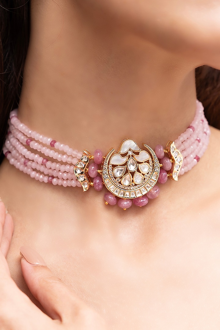 Gold Finish Kundan Polki & Pink Beaded Choker Necklace Set by Joules By Radhika at Pernia's Pop Up Shop