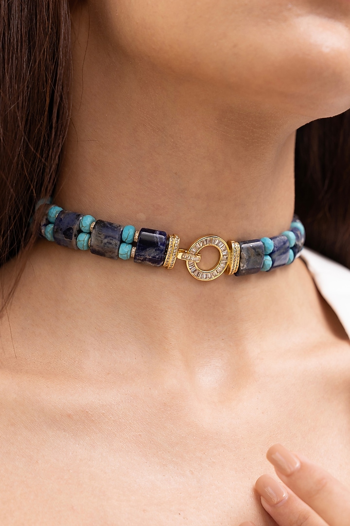 Gold Finish Indigo & Turquoise Stone Choker Necklace by Joules By Radhika at Pernia's Pop Up Shop