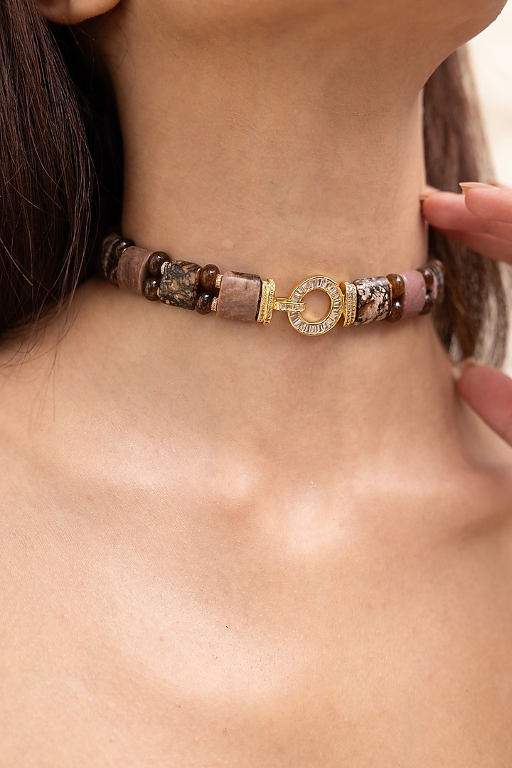 Gold Finish Brown Cylindrical Beaded Layered Necklace by Joules By Radhika at Pernia's Pop Up Shop