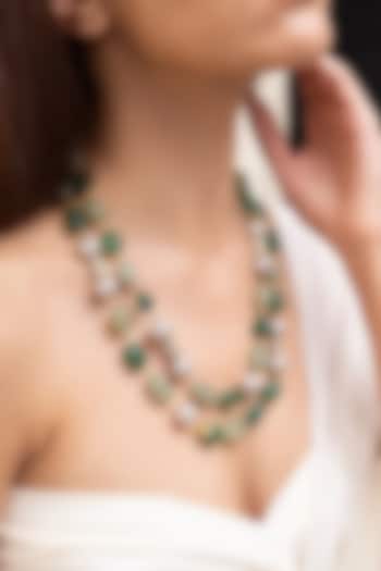 Gold Finish Pearl & Green Gemstone Layered Necklace by Joules By Radhika at Pernia's Pop Up Shop