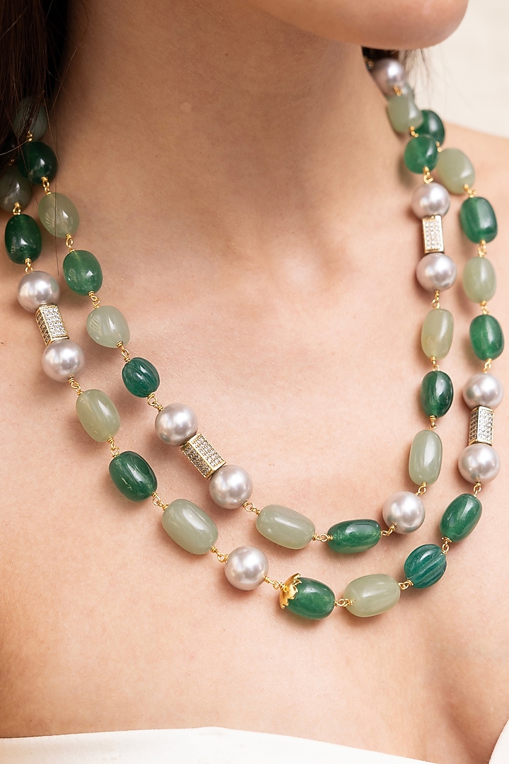 Gold Finish Pearl & Green Gemstone Layered Necklace by Joules By Radhika at Pernia's Pop Up Shop