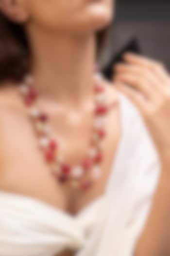 Gold Finish Pink Stone Layered Necklace by Joules By Radhika at Pernia's Pop Up Shop