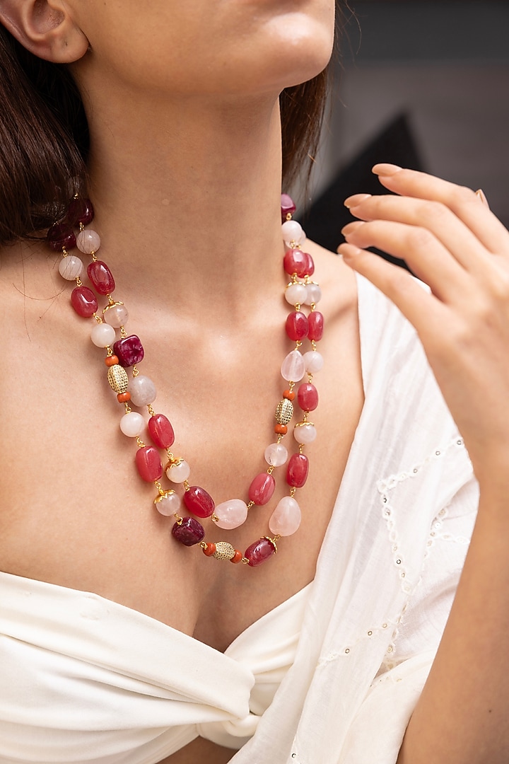 Gold Finish Pink Stone Layered Necklace by Joules By Radhika at Pernia's Pop Up Shop