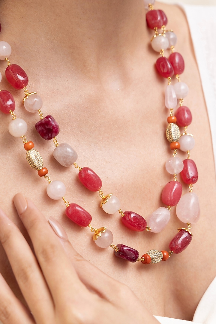 Gold Finish Pink Stone Layered Necklace by Joules By Radhika at Pernia's Pop Up Shop