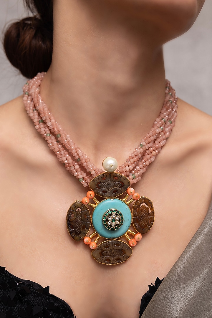 Gold Finish Pearl Enameled Floral Pendant Necklace by Joules By Radhika at Pernia's Pop Up Shop