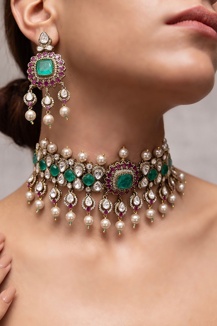 Gold Finish Kundan Polki & Pearl Choker Necklace Set by Joules By Radhika at Pernia's Pop Up Shop