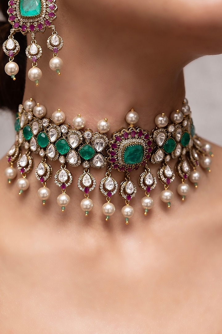 Gold Finish Kundan Polki & Pearl Choker Necklace Set by Joules By Radhika at Pernia's Pop Up Shop
