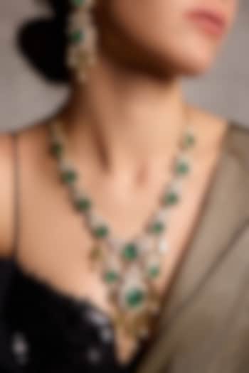 Gold Finish Emerald Green Stone Asymmetrical Necklace Set by Joules By Radhika at Pernia's Pop Up Shop