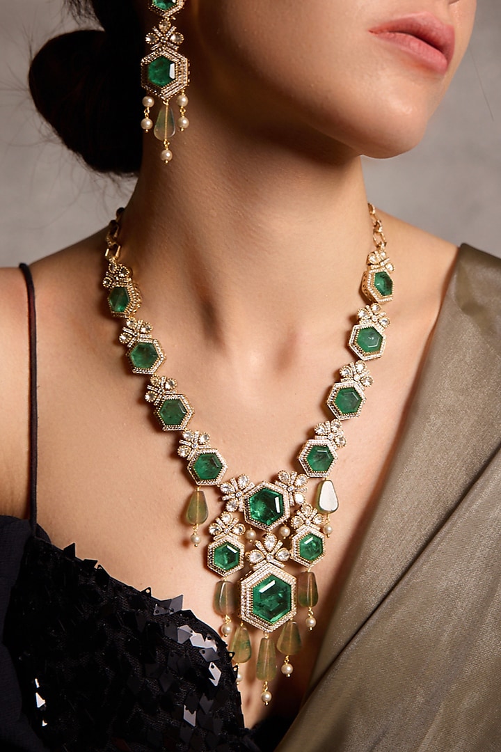 Gold Finish Emerald Green Stone Asymmetrical Necklace Set by Joules By Radhika at Pernia's Pop Up Shop