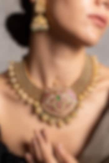 Antique Gold Finish Lotus Pendant Necklace Set by Joules By Radhika at Pernia's Pop Up Shop