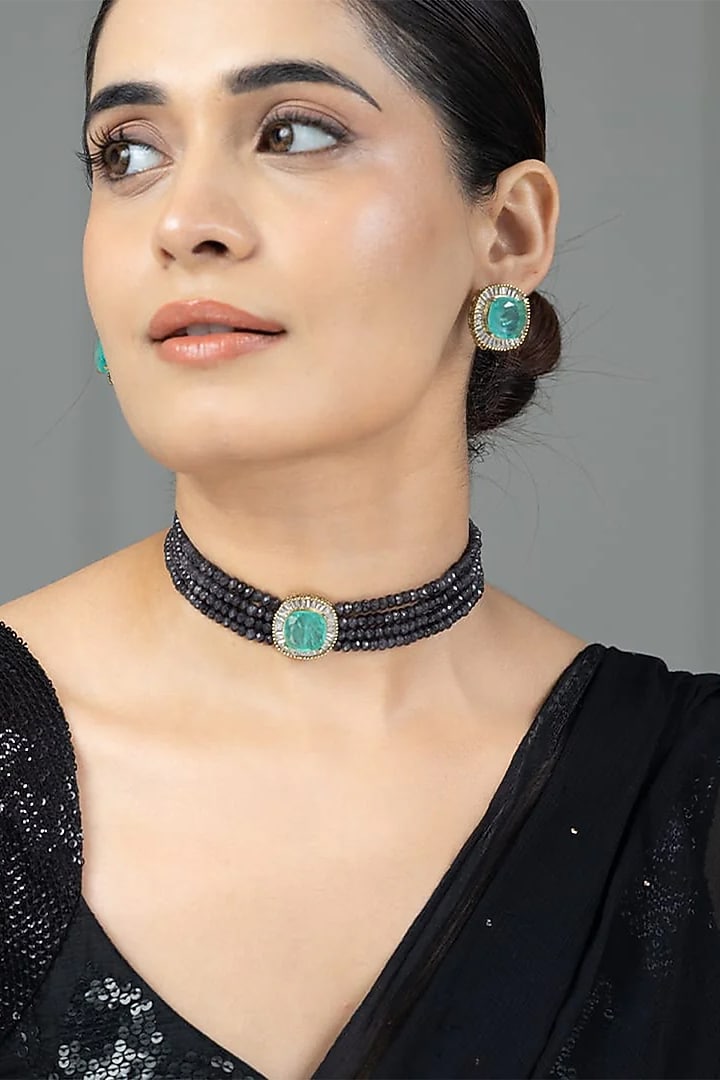 Gold Finish Green Stone Necklace Set by Joules By Radhika at Pernia's Pop Up Shop