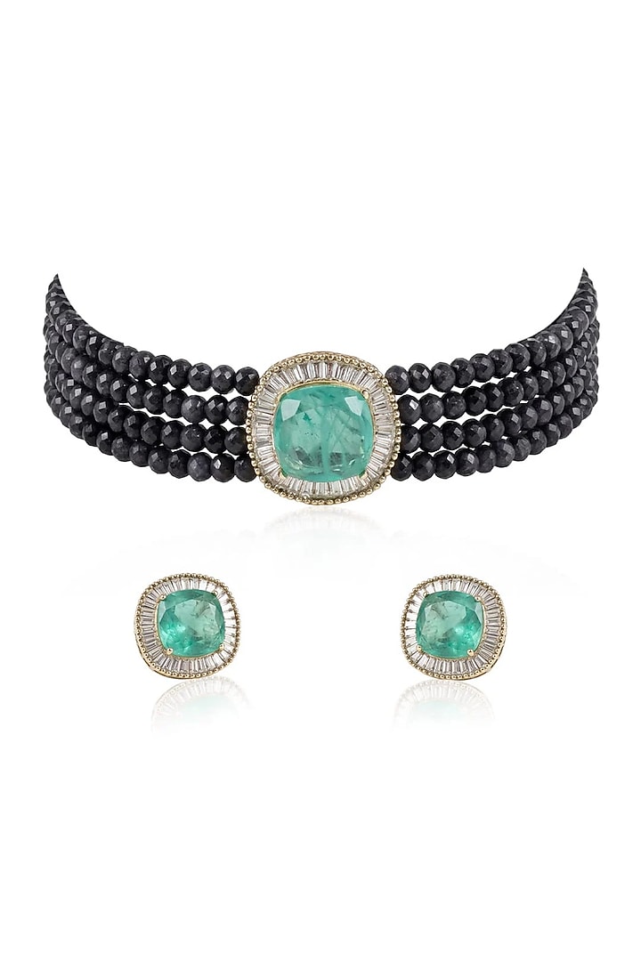 Gold Finish Green Stone Necklace Set by Joules By Radhika at Pernia's Pop Up Shop