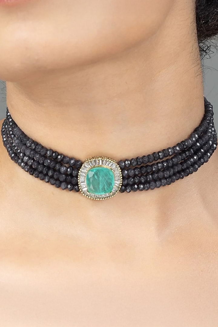 Gold Finish Green Stone Necklace Set by Joules By Radhika at Pernia's Pop Up Shop