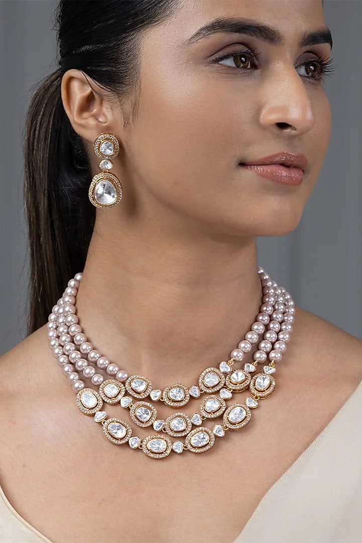 Gold Finish Grey Stone Necklace Set by Joules By Radhika at Pernia's Pop Up Shop
