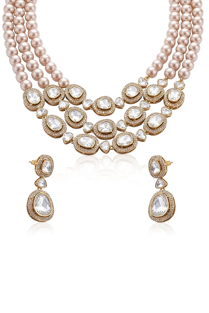 Gold Finish Grey Stone Necklace Set by Joules By Radhika at Pernia's Pop Up Shop