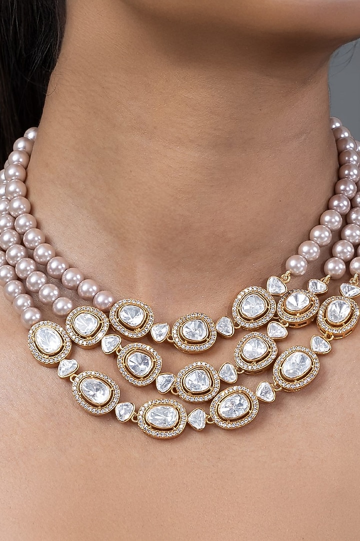 Gold Finish Grey Stone Necklace Set by Joules By Radhika at Pernia's Pop Up Shop