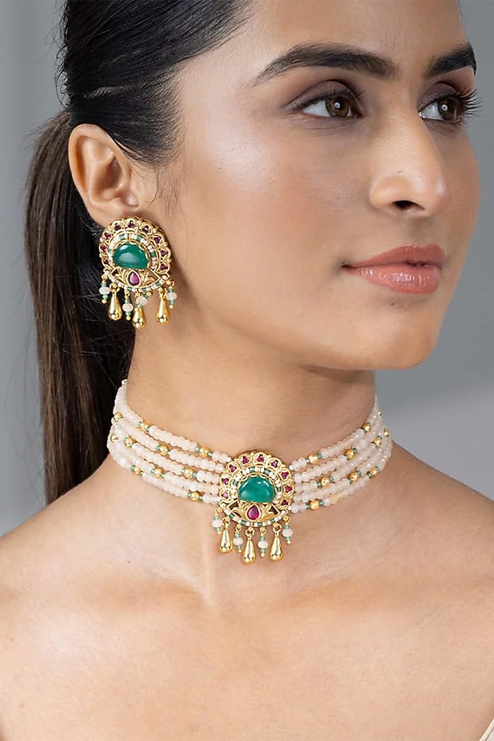 Gold Finish Green Stone Necklace Set by Joules By Radhika at Pernia's Pop Up Shop