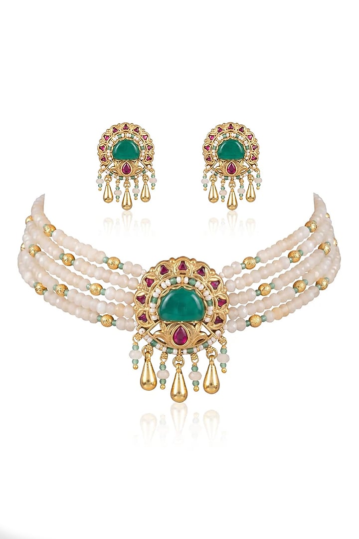 Gold Finish Green Stone Necklace Set by Joules By Radhika at Pernia's Pop Up Shop