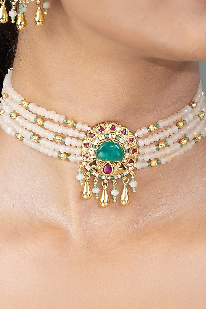 Gold Finish Green Stone Necklace Set by Joules By Radhika at Pernia's Pop Up Shop