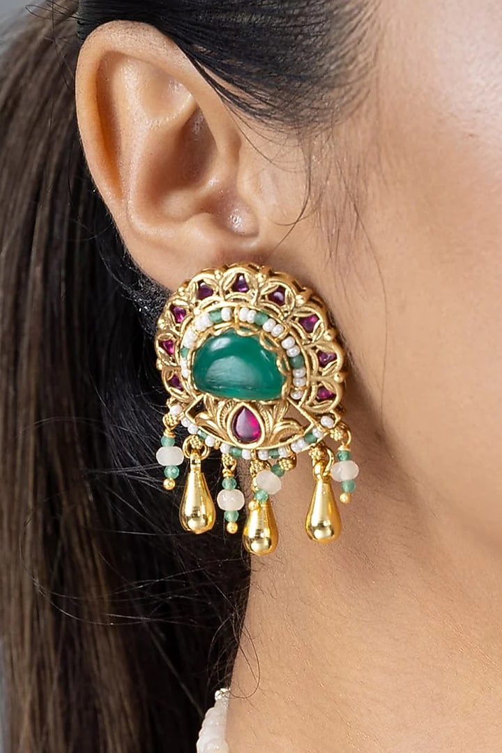 Gold Finish Green Stone Necklace Set by Joules By Radhika at Pernia's Pop Up Shop